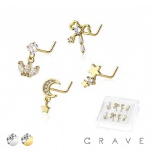 8PCS OF ASSORTED CZ DANGLE 316L SURGICAL STEEL L-SHAPE NOSE STUD BOX